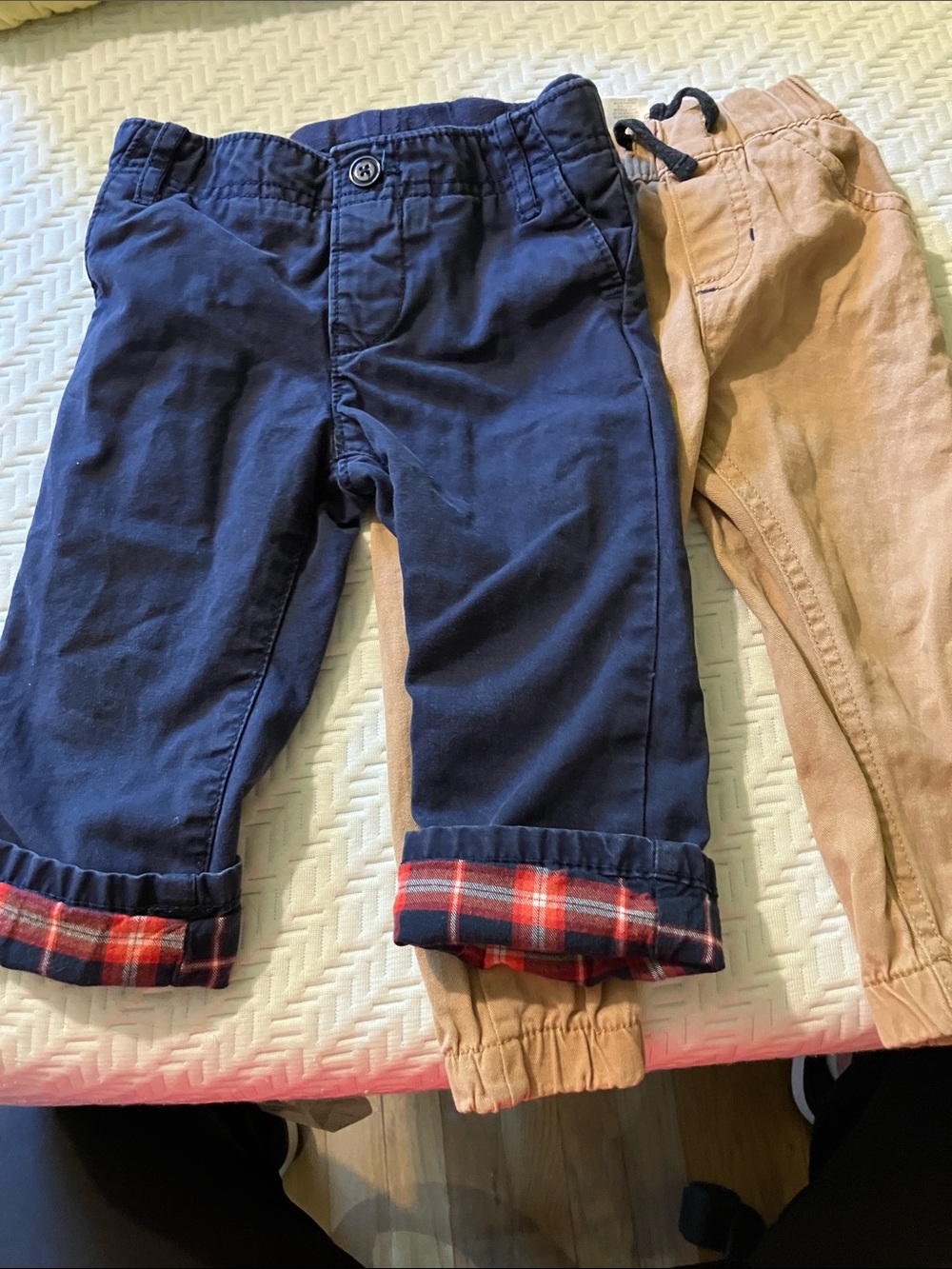 GAP Navy Pants with Red Plaid Cuff plus tan pants